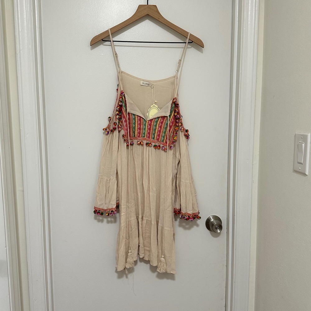 Velzera | NWT Embroidered Cold Shoulder Boho Rainbow Pom Pom Mini Dress, Size M